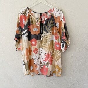 Meg & Margot Floral Boho Casual Overlay Blouse Top Size XL NWT